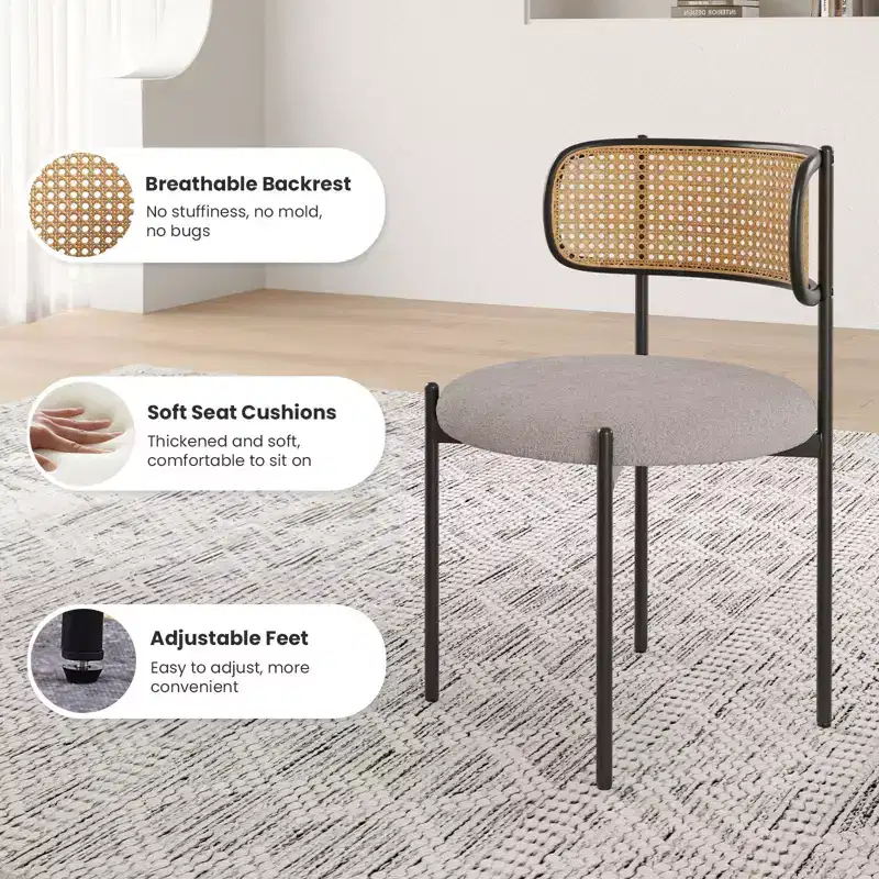 PexFix 4Pcs Modern Upholstered Dining Chairs Rattan Back Dining Room Chairs Accent Kitchen Chairs with Metal Legs Light Gray