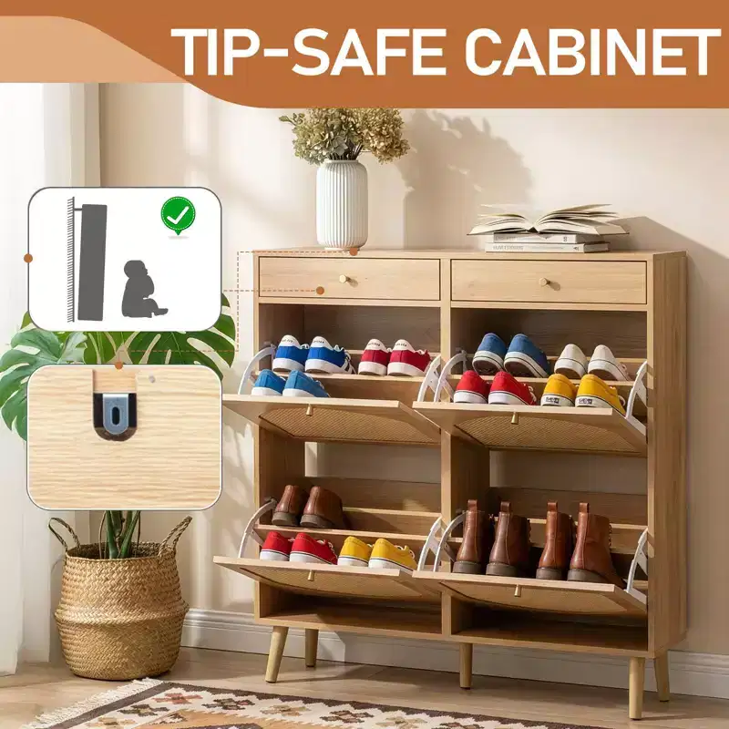 Karl Home Rattan Panel 2 Drawers 4 Flip-Drawer Shoe Cabinet Particleboard 41.34 W