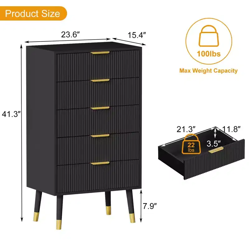Bedroom five-drawer storage cabinet with metal handles and metal legs, suitable for bedroom, living room, corridor, entryway