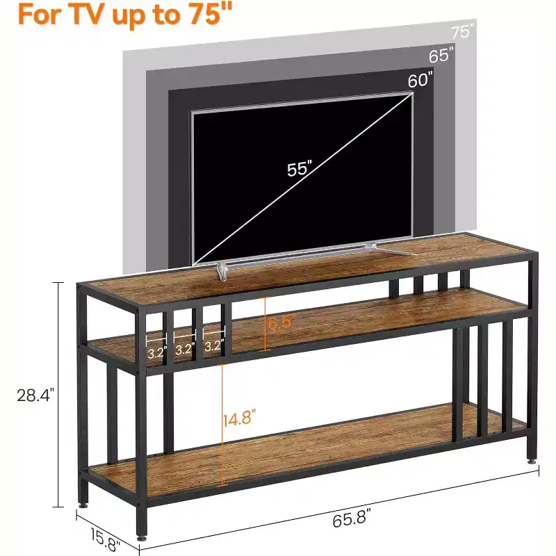 65-Inch Rustic Brown TV Stand for 75 TVs - Quadruple-Tube Support Entertainment Center with Open Shelves, Media Console for Living Room/Bedroom