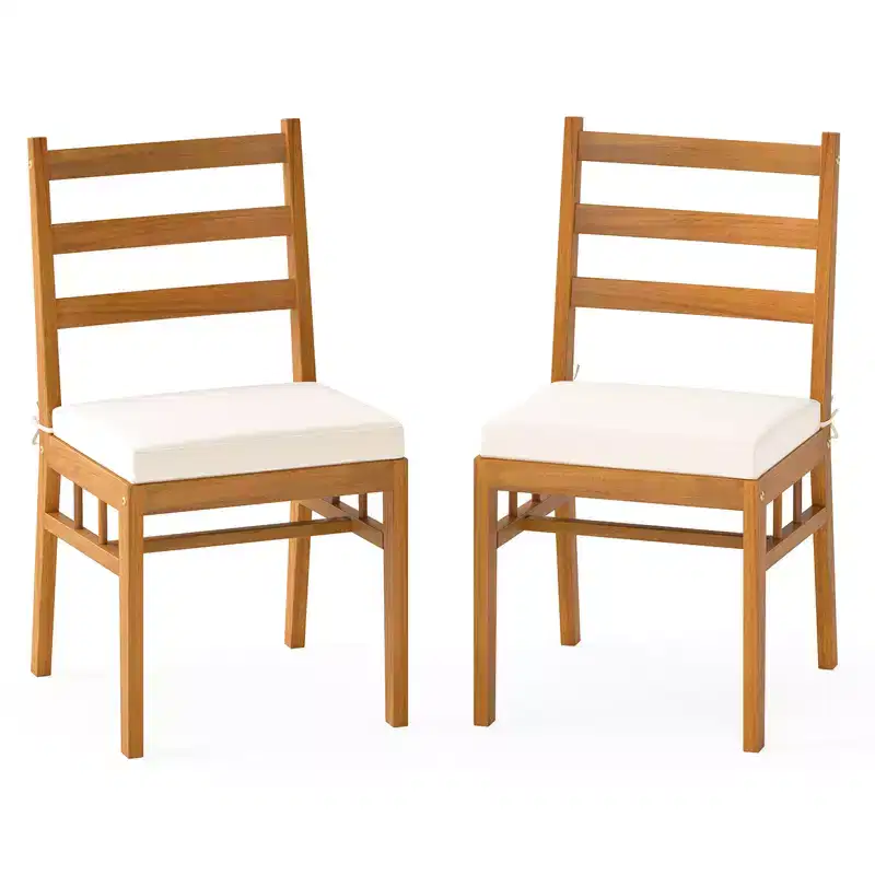 Costway Solid Acacia Wood Patio Chair Set of 2 w/ Padded Seat Cushions