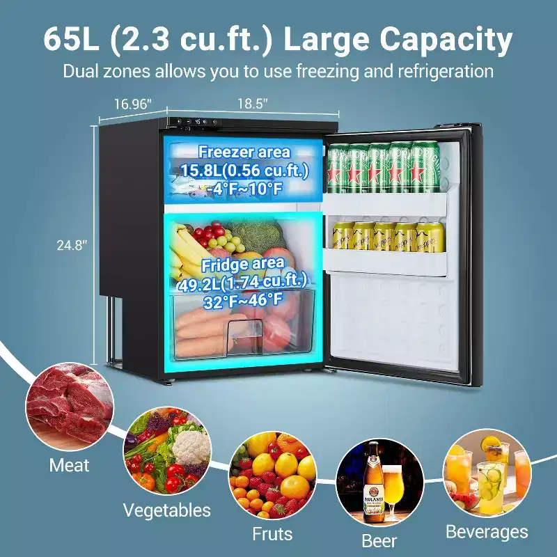 65L RV Refrigerator, APP Control, Refrigeration Range (-4-46),3 Levels((H/M/L)) of Battery Protection, mini Fridge for Camping, Picnics, Trips