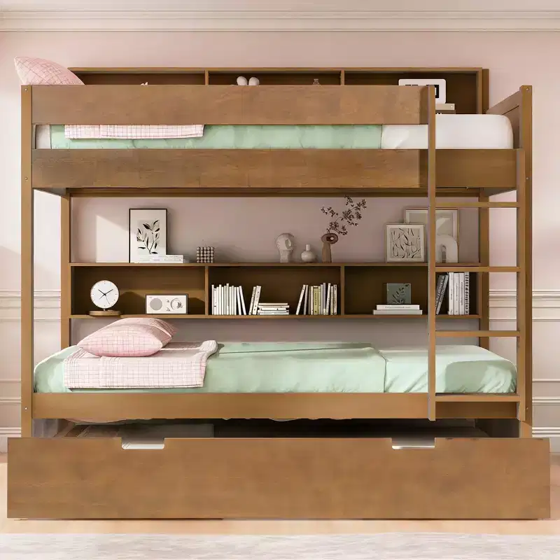 Luxystar Modern Full over Full Bunk Bed with Shelves and Trundle