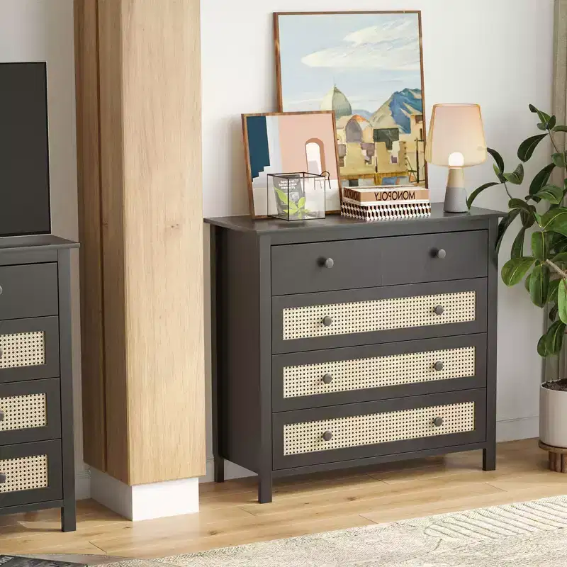 4-Drawer Sideboard, Modern Rattan Design with Wooden Storage Compartments, Ideal for Living Room, Entryways, Console Tables, Black