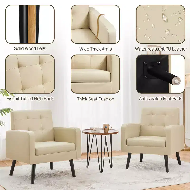 Yaheetech Set of 2 Faux Leather Tufted Back Arm Chair Accent Chair with Solid Wood Legs