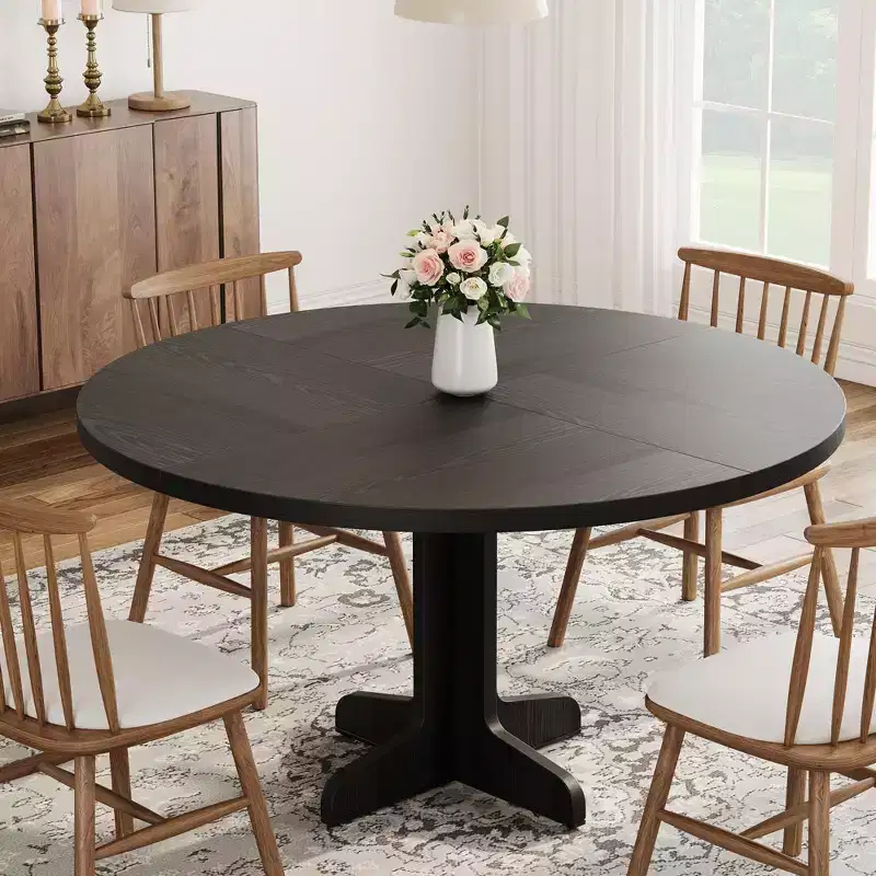 47 Round Farmhouse Dining Table for 4 - Wood Tabletop Circle Kitchen Table with Stable Base, Ideal for Home Dining Room & Living Room(Only Table)