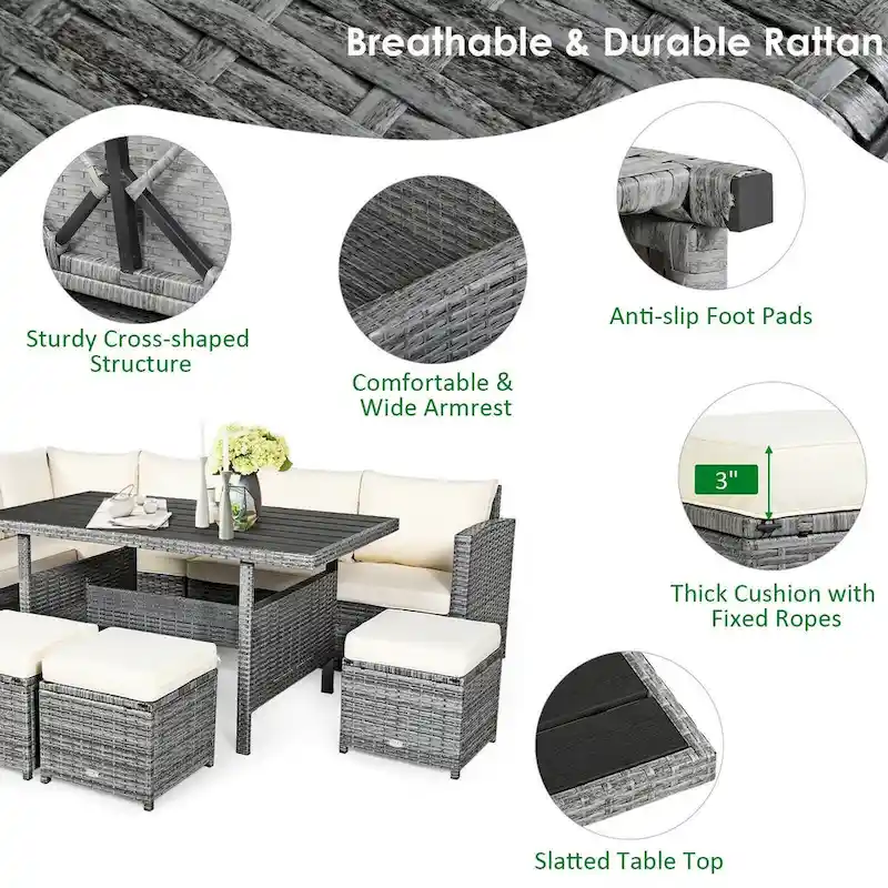 7 Pcs All-Weather Patio Rattan Dining Furniture Sectional Sofa Set with Wicker Ottoman and Cushed Couch