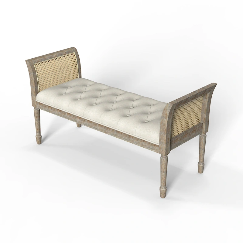 Dilwen Wooden Tufted Upholstered Bench with High Flared Rattan Arms