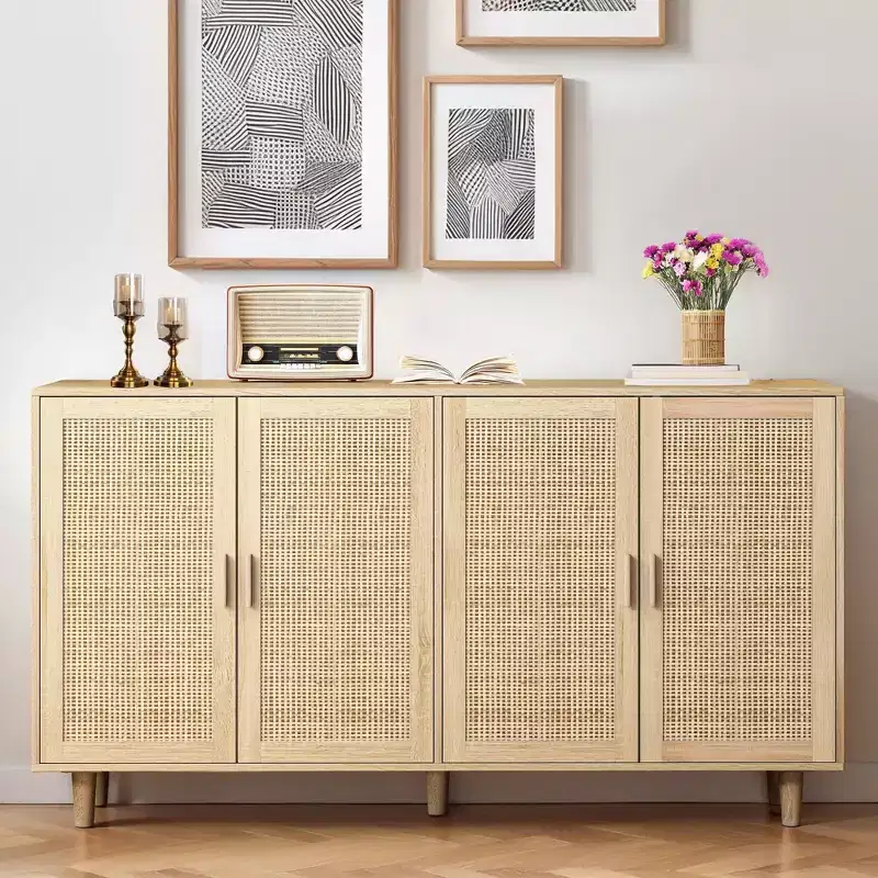 Rustic Rattan Decorative Sideboard Cabinet with 4-Door & Adjustable Shelves, Functional Buffet Cabinet for Kitchen Dining Room