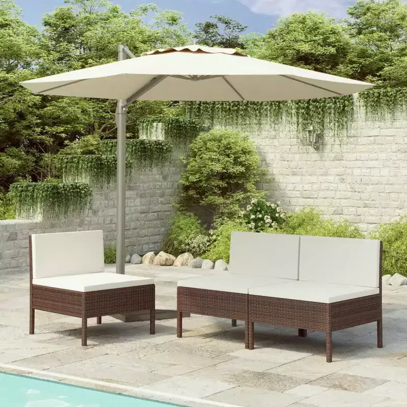 vidaXL Patio Chairs 3 Pcs Rattan Conversation Chair with Cushions Poly Rattan