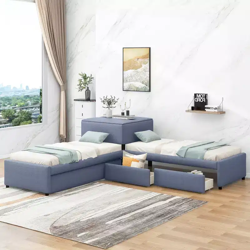 Twin Size L-Shaped Platform Bed with Trundle, 2 Drawers and Built-in Table, Gray, 119x119x37.2 in