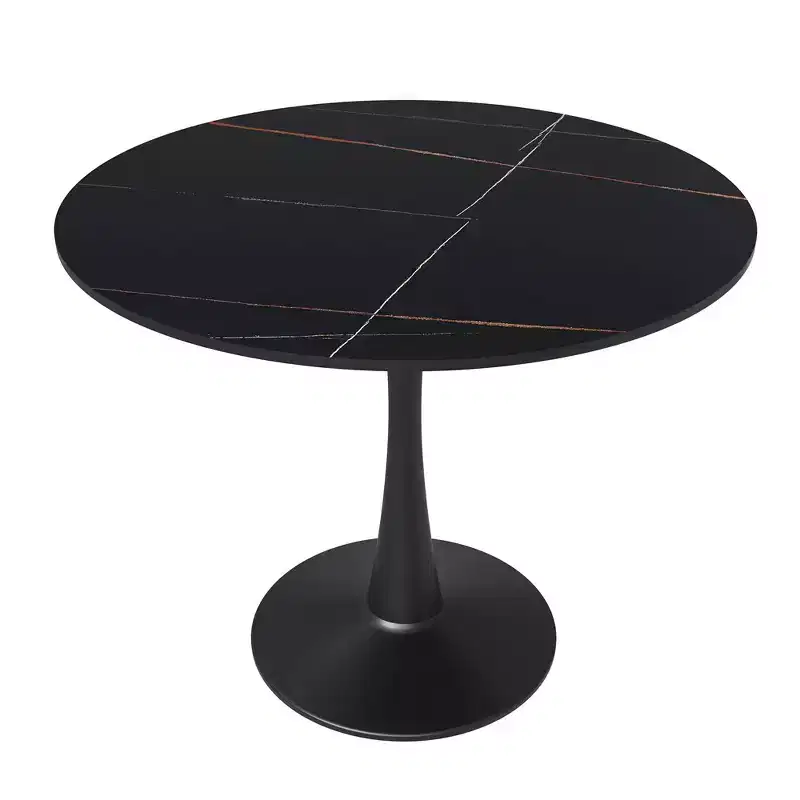 Bristol 31 Round Dining Table Sintered Stone Top, Black Steel Pedestal Base, Accent Café Table for Kitchen & Small Spaces
