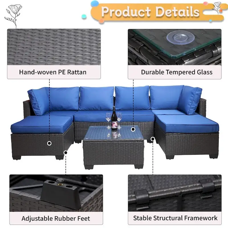 7-Piece Rattan Wicker Cushioned Sofa Sets with Coffee Table