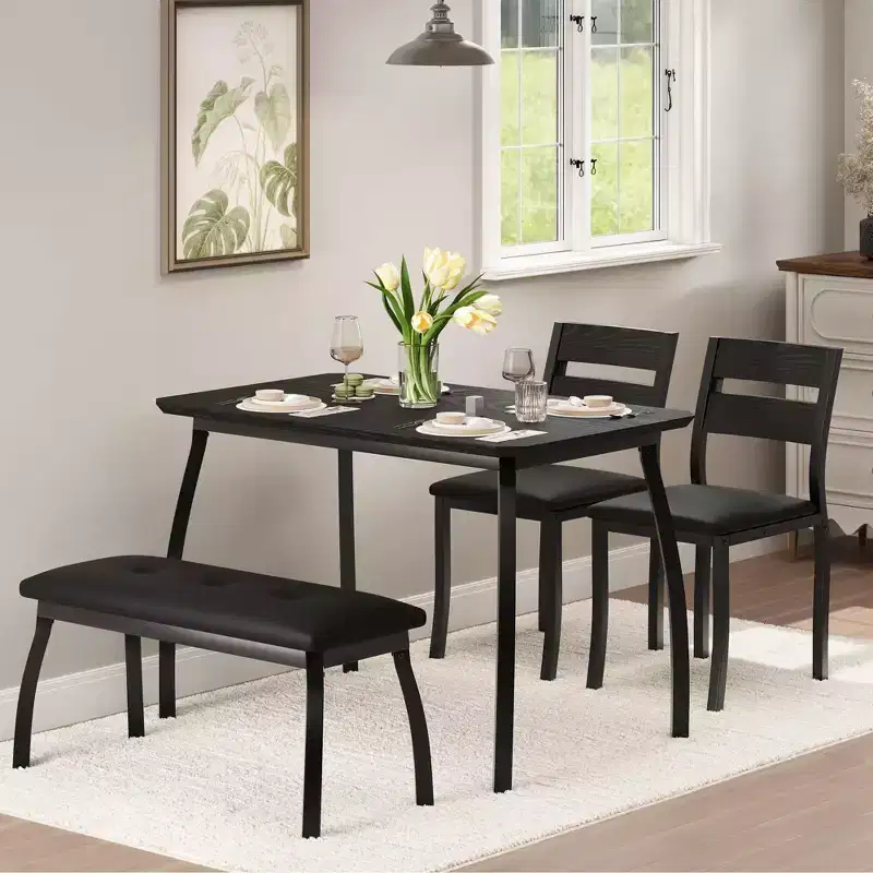 Coolmee Dining Table Set for 4, Kitchen Table with Upholstered Bench and 2 Chairs, 4 Piece Dining Furniture Set for Small Space, Apartment