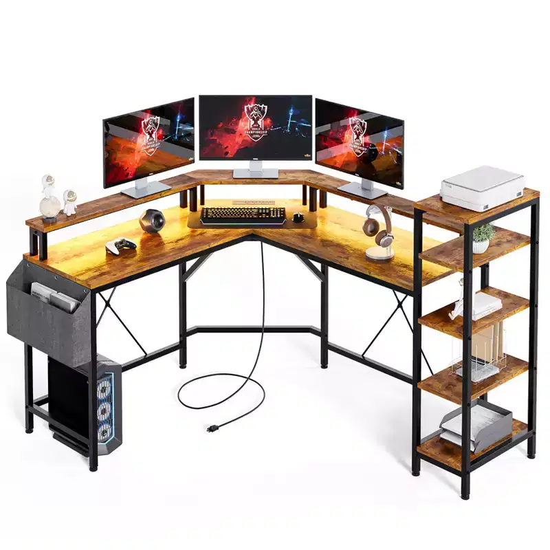 L-shaped desk with LED lighting and power outlets, computer desk with monitor mount, suitable for home offices, home office desk