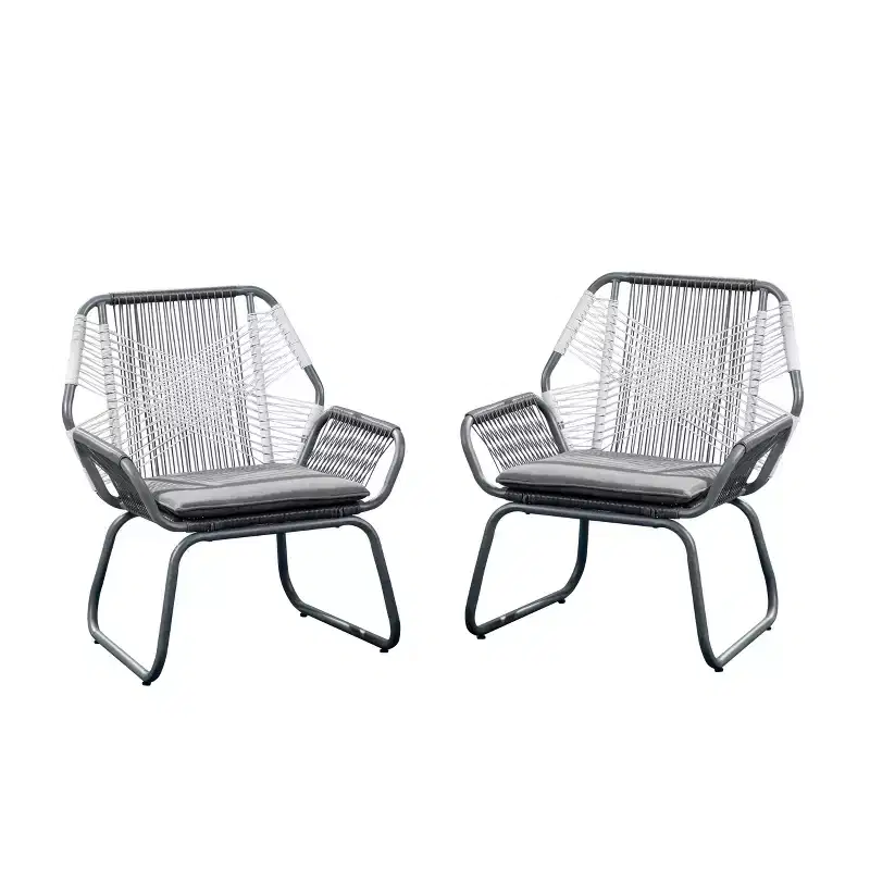 GDFStudio Aiden Outdoor Wicker and Steel Club Chairs with Cushion (Set of 2), Gray and White