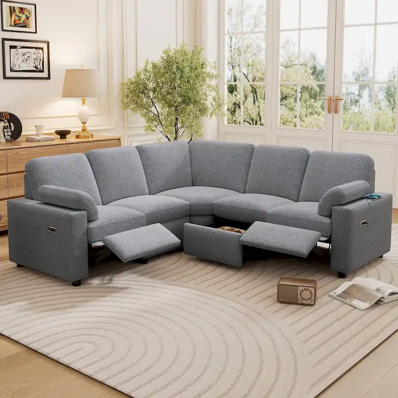 89 Power Recliner Sectional Sofa Home Theater Reclining Sofa with Two USB Ports, Two Storage Drawers for Living Room, Beige