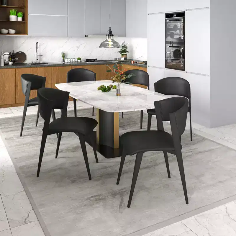 LeisureMod Aspen Series Upholstered Dining Chair in Leather Seats with Black Iron Frame and Legs, Modern Kitchen, Dining Room, Cafe Seating
