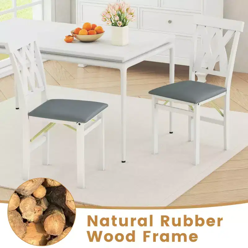 Costway Folding Kitchen Chairs Set of 2/4 with Rubber Wood Frame Padded Seat with PVC Leather White/Brown