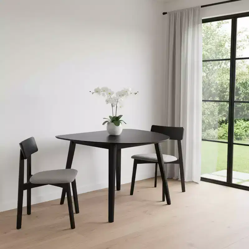43 Inch Black Wood Dining Table, Compact 2-Seat, Modern Design, MDF Top Solid Base