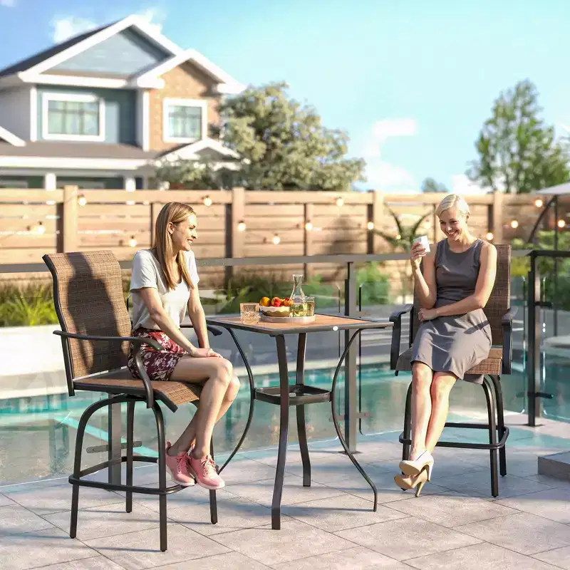 Set of 2 Outdoor Swivel Bar Stools with Armrests, Bar Height Patio Chairs with Steel Frame for Balcony, Poolside