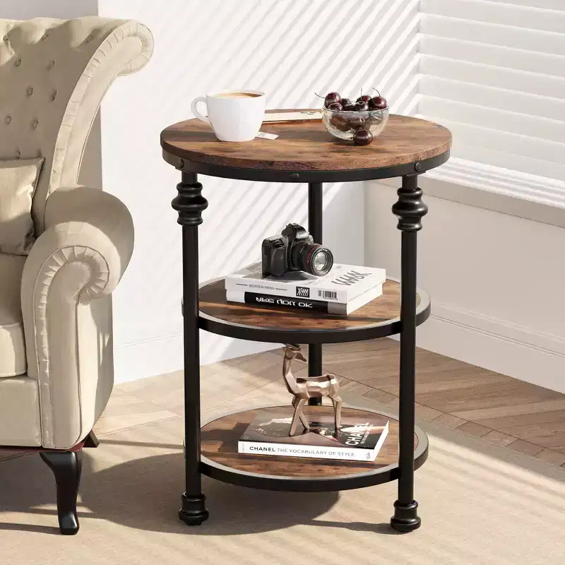 Round Side Table with 3 Shelves, Small End Table for Living Room, Bedroom, Steel Frame Nightstand & Coffee Table