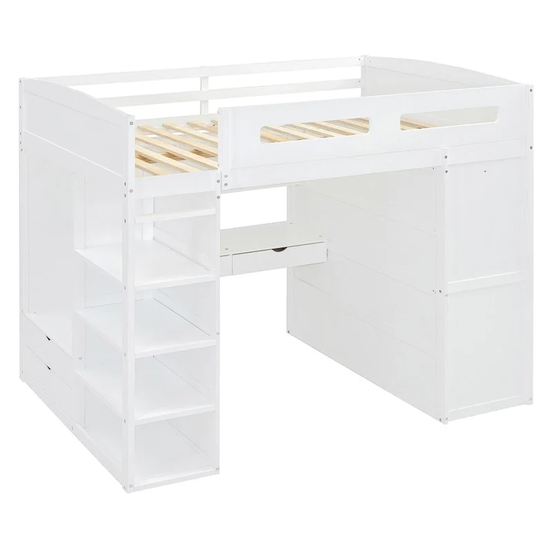 Loft Bed with Desk, Wardrobes, 4 Drawers and 4 Shelves
