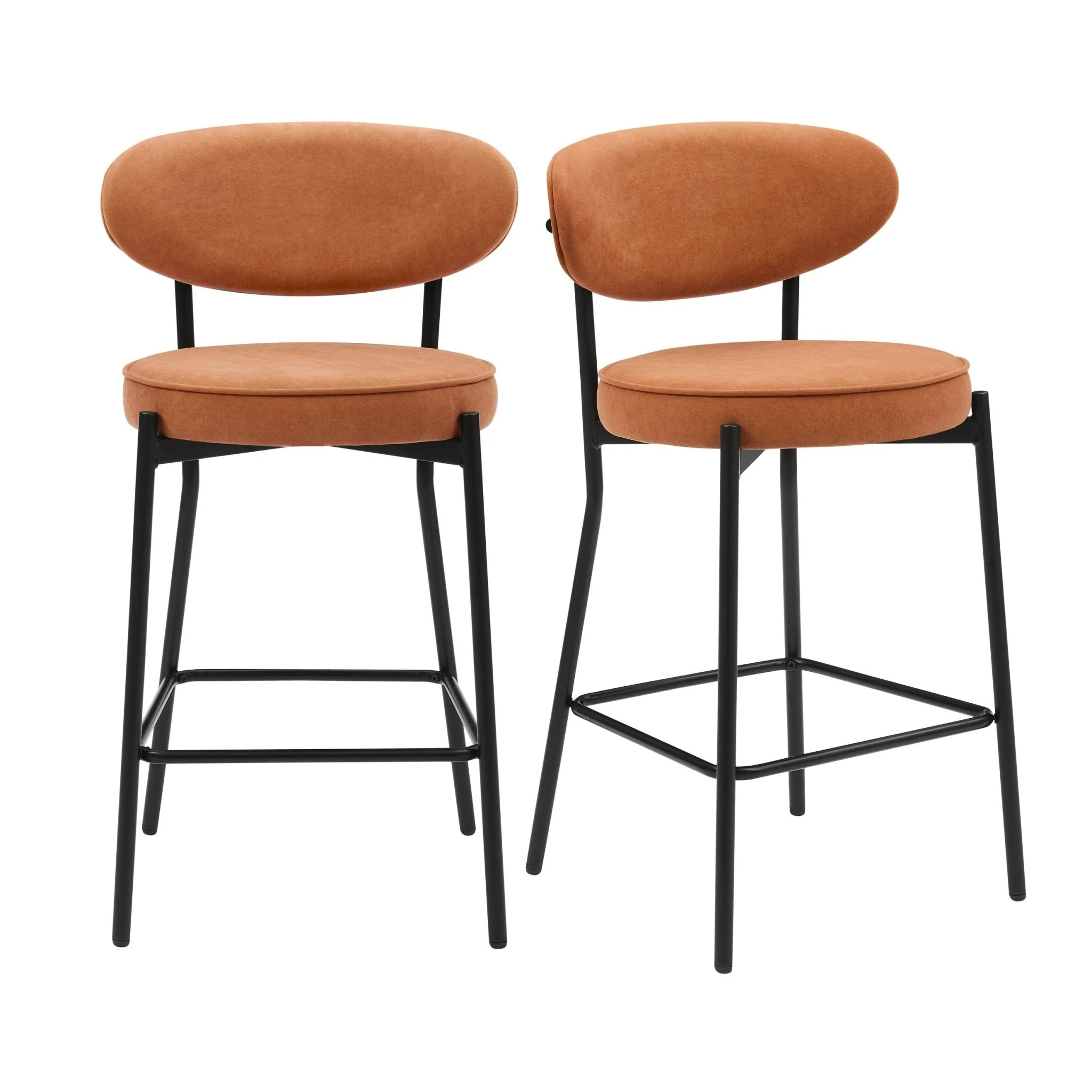 Retro Burnt Orange Matte Velvet Barstool with Rounded Back for Kitchen