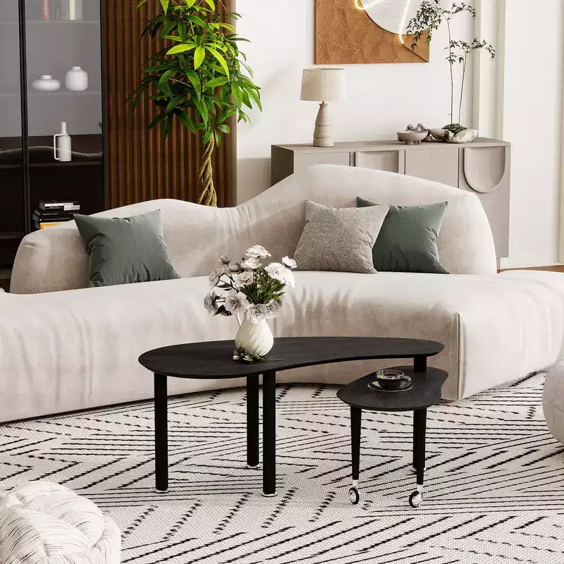 Modern Coffee Table, Cocktail Table with Solid Wood Legs & Sliding Extension for Living Room