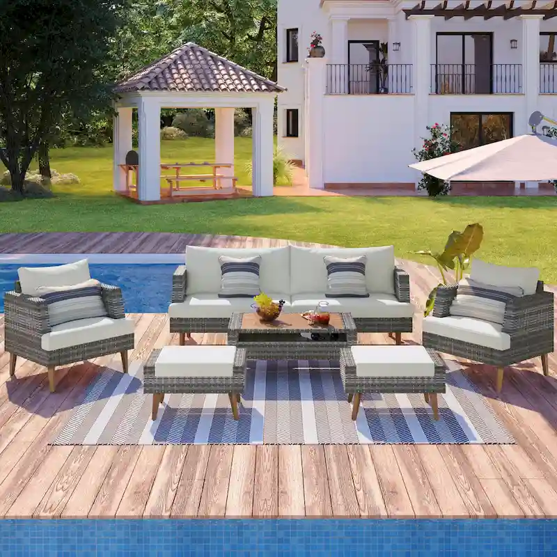 6-Pieces All Weather PE Wicker Sofa Set with Double Cushions