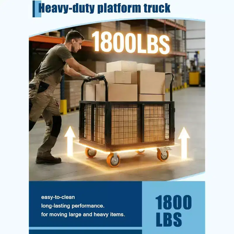 6-in-1 Truck Cart with Cage, Foldable Hand Truck Load 1800 with 4 Push Cart for Grocery, Laundry, Garage, Warehouse
