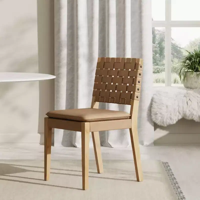 Woven Faux Leather Dining Chair Mid-Century Modern Light Brown: Upholstered, Wood Frame, Armless