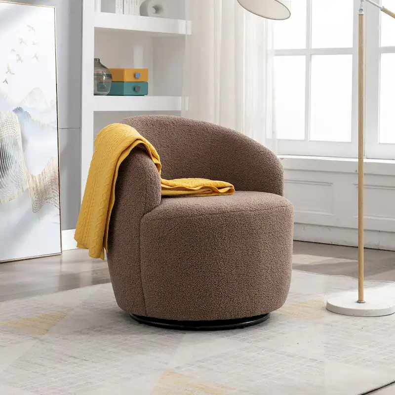 Swivel Accent Armchair Teddy Fabric Upholstered Barrel Chair with Black Point Round Swivel Metal Base
