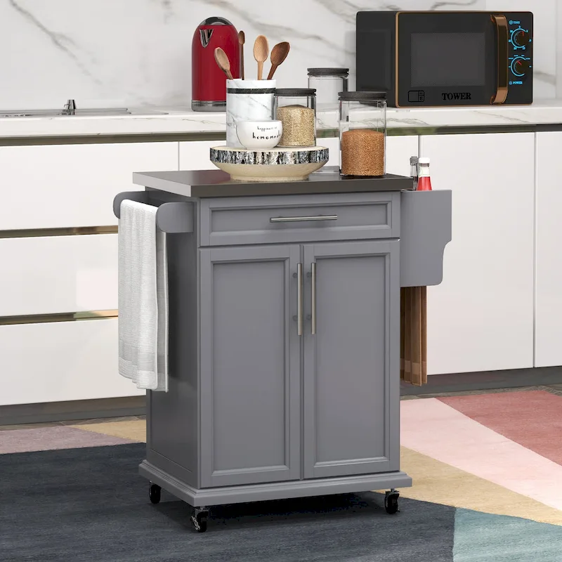 Rolling Kitchen Island on Wheels with Stainless Steel Countertop