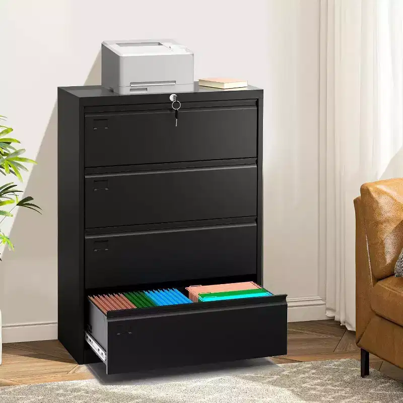 4-Drawer Lateral File Cabinet with Lock, Metal, Letter/Legal/A4, Black