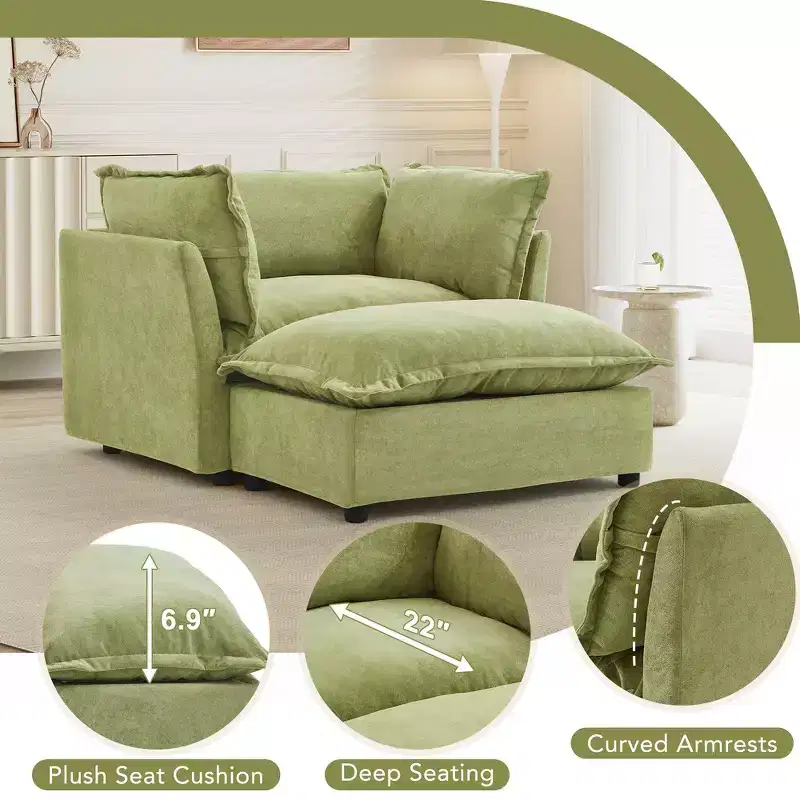 Chenille Armchair with Movable Ottoman, Wide Seat & Curved Armrests