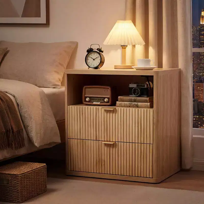 Oak Fluted End Table, 22.8 Curved Bedside Nightstand w/ Charging Station & Storage Drawers for Bedroom & Living Room