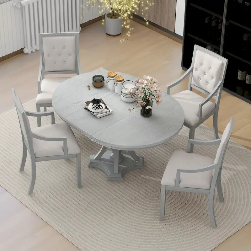 Antique Gray Retro 5-Piece Wooden Dining Table Set with Extendable Round Table & 4 Chairs