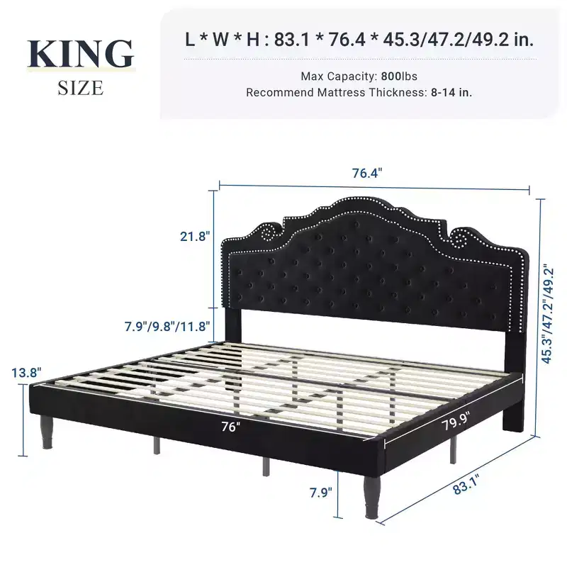 King Size Bed with Velvet Tufted Headboard, Upholstered Platform Bed Frame, Wood Slats Support
