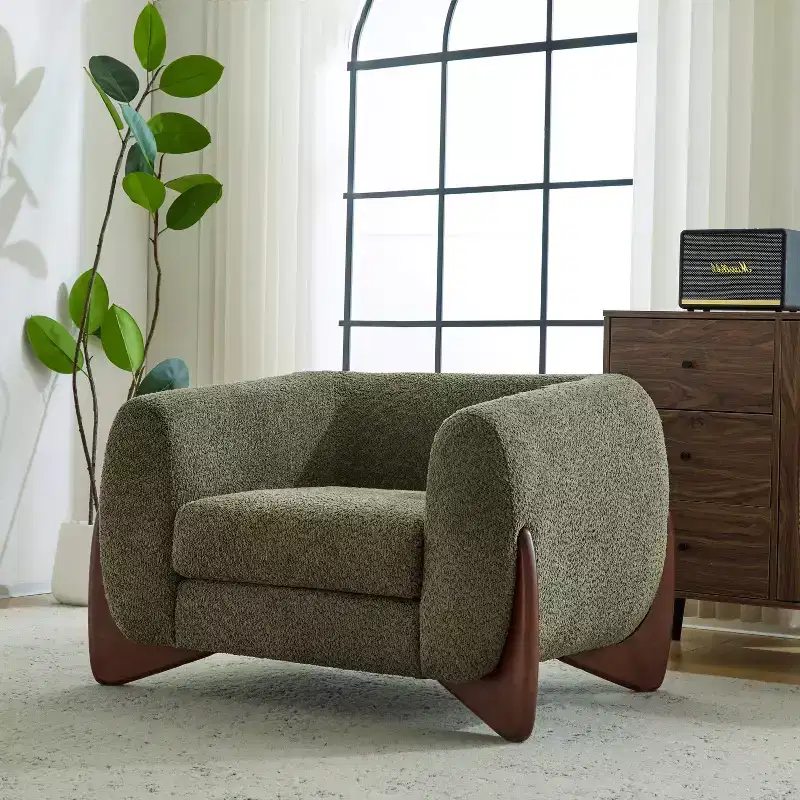 Birch Wood Boucle Upholstered Club Chair