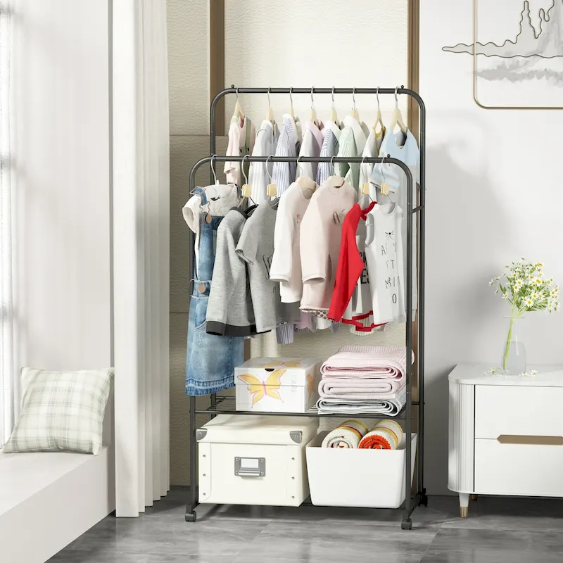 Rolling Garment Rack Clothes Metal Stand Shelf