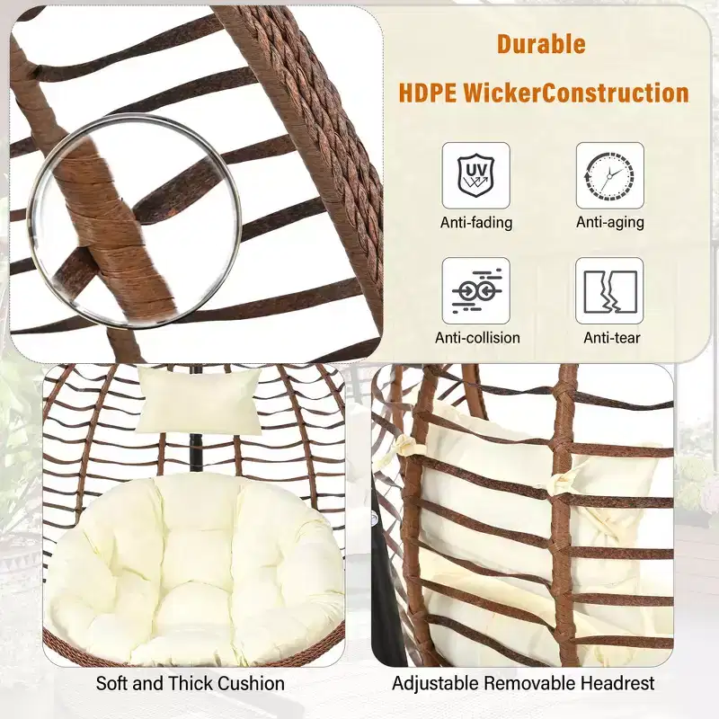 Whisen Hanging Hammock Chair with Stand, Egg Swing Chair with Iron Frame and Cushion & Headrest