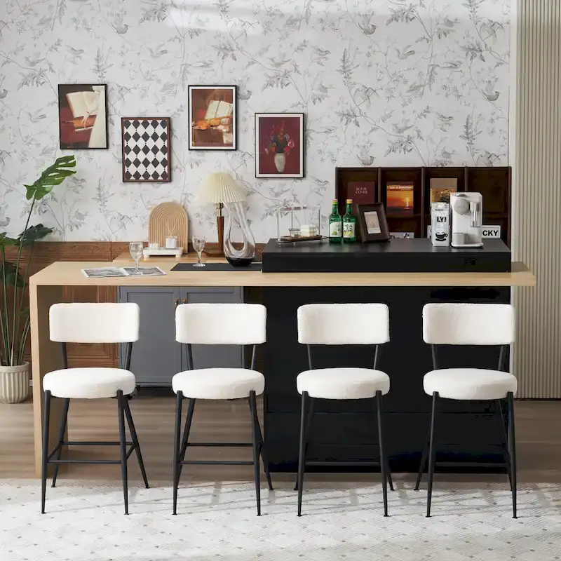 Set of 2/Set of 4 Modern Teddy Fabric Upholstered Bar Stools with Metal Base