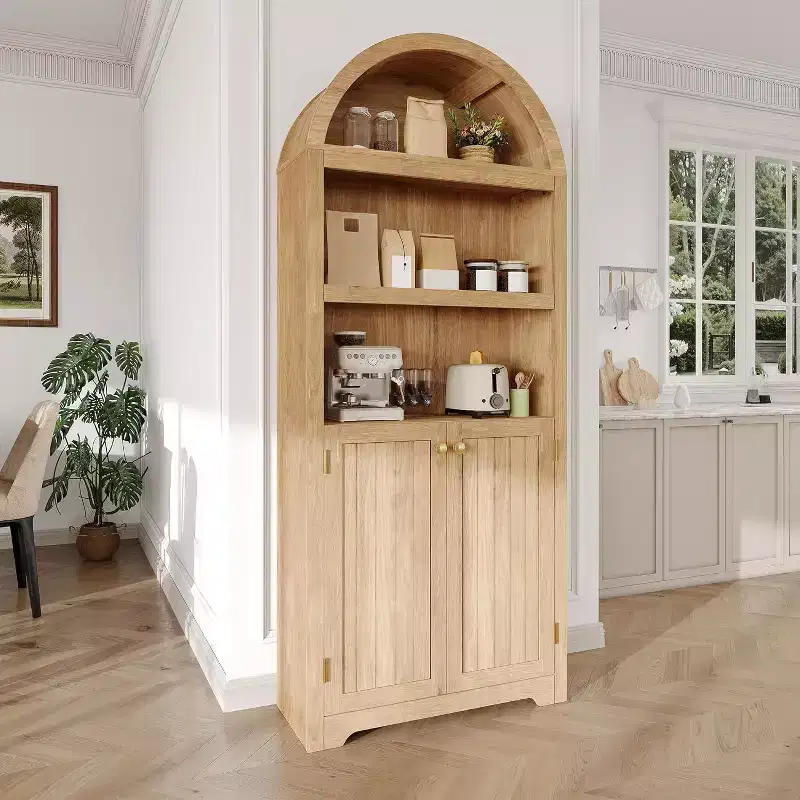 72'' Tall Arched Cabinet, 5 Tier Arched Bookshelf with Double Doors & Adjustable Shelf, Wooden Bookcase with Storage for Home Office