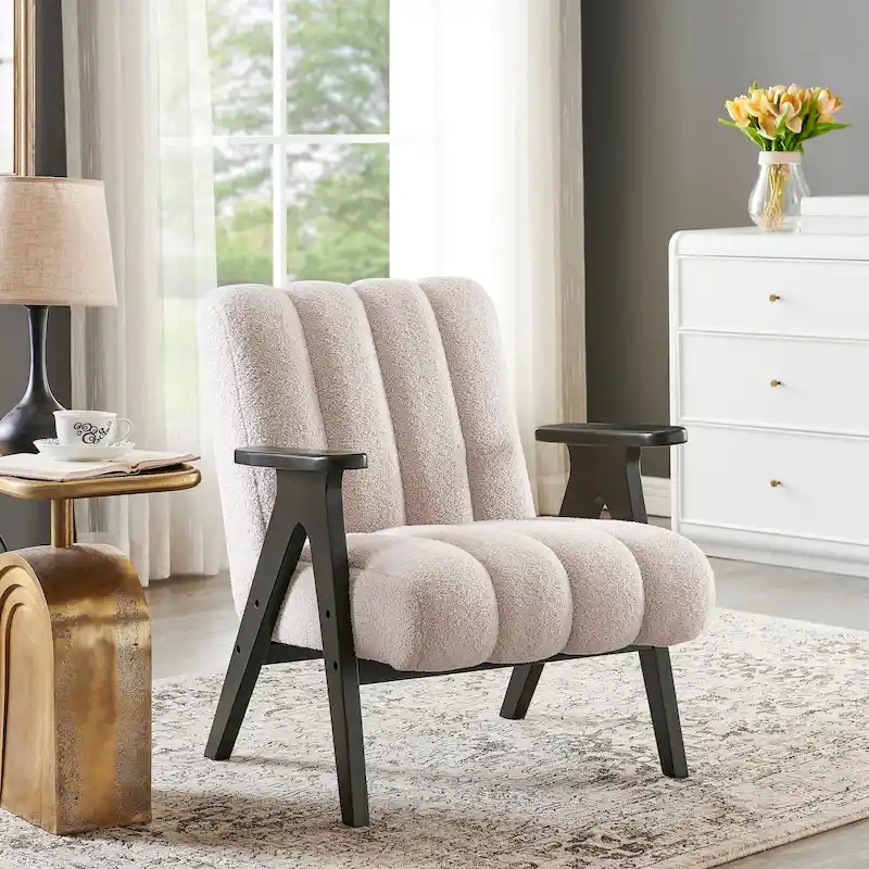 Modern Teddy Sherpa Fabric Accent Chair – Espresso Wood Frame