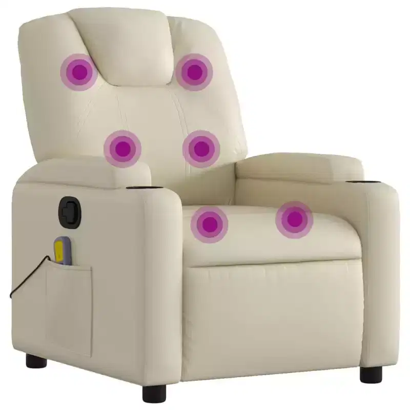 vidaXL Cream Faux Leather Massage Recliner Chair - Reclining Armchair for Elderly with Vibration Function, Cup Holders, Manual Tilt