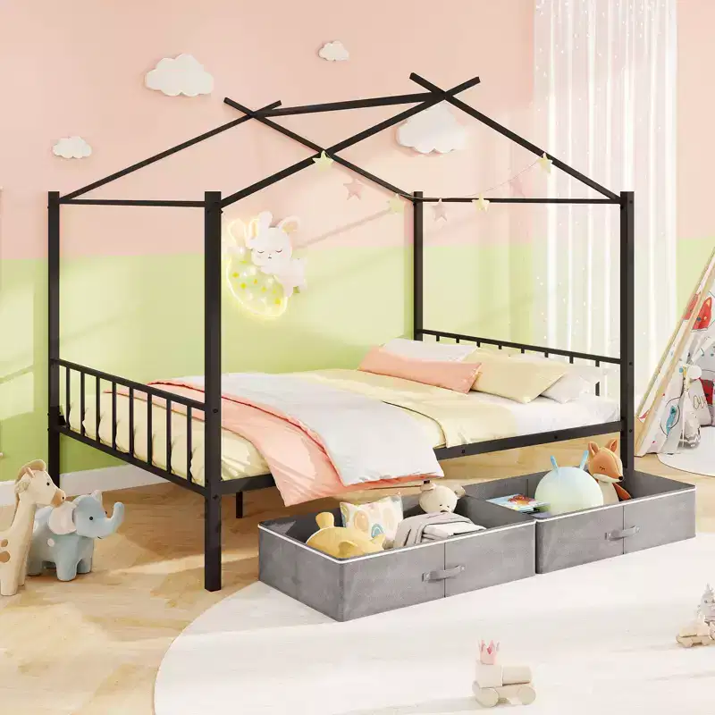 Full Size Metal House Bed with 2 Fabric Drawers Heavy Duty Platform