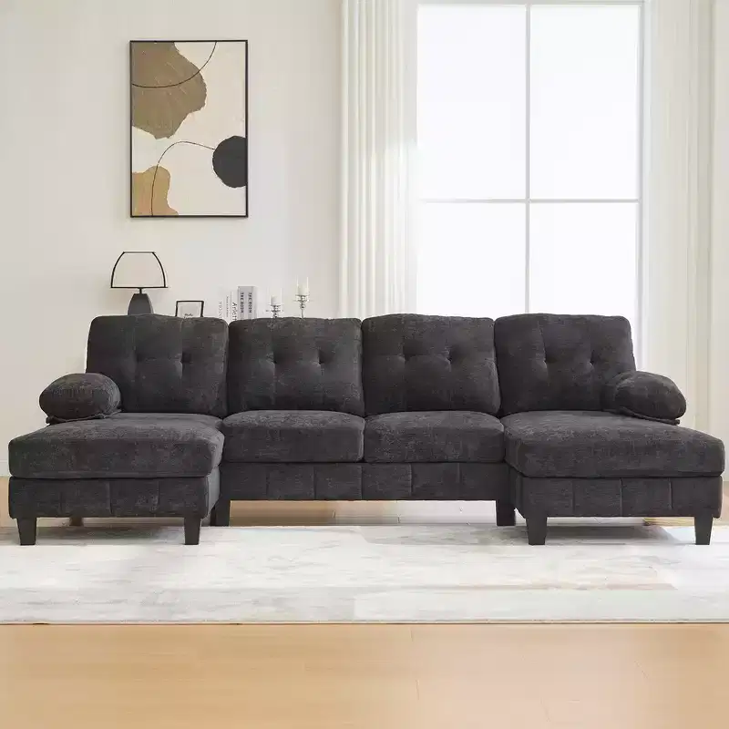 Chenille U-shaped Sectional Sofa with Dual Chaise Lounges, Storage Pockets and Armrest Pillows