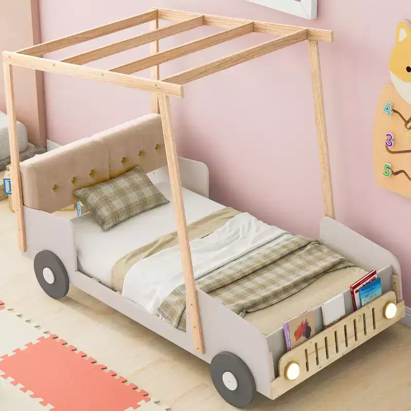 Twin/Full Wood Car Bed with Car Light Shape LED, Pillow and Ceiling Cloth, Low Floor Car-Shaped Platform Bed for Kids Boys Girls Bedroom
