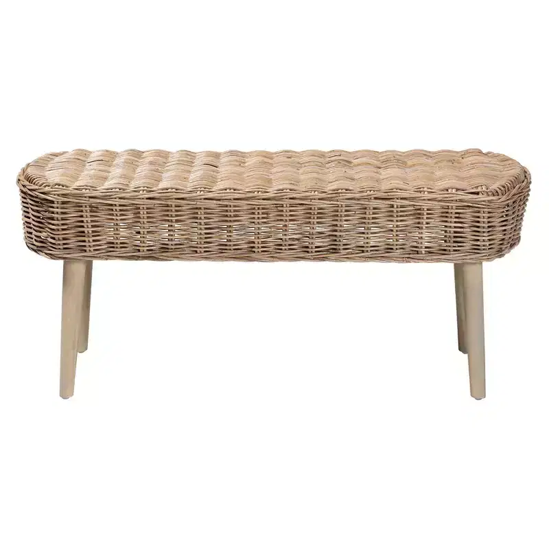 &  Natural Kubu Rattan and Acacia Wood Accent Bench Gray